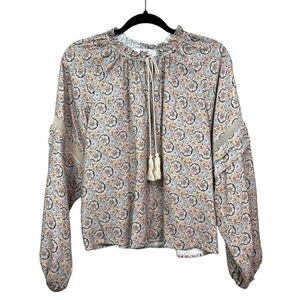 Joie Womens Peasant Blouse Top Floral Ruffled Drawstring Neck Balloon Sleeve M*